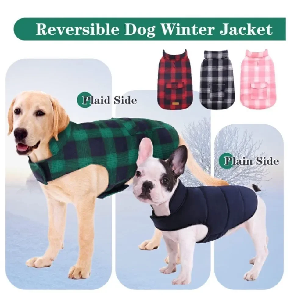 Kouser British Style Green Plaid Winter Dog Coat Jacket Reversible Size L NEW